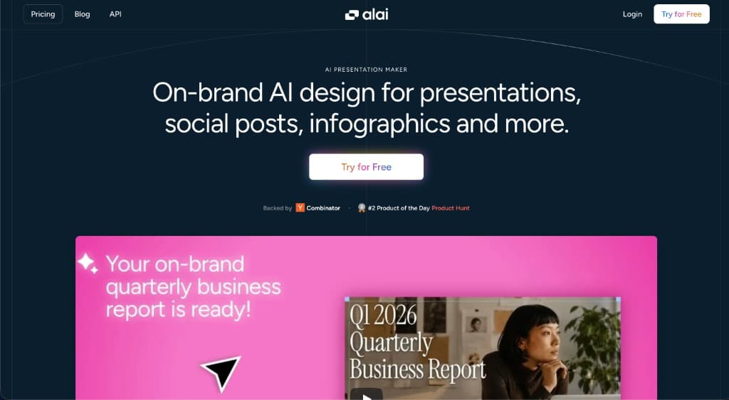 Alai homepage showing on-brand AI design for presentations and business reports