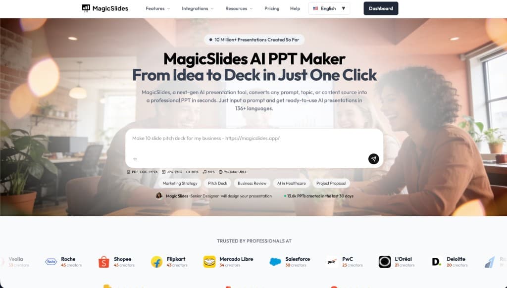 MagicSlides homepage with prompt input, file source icons, and deck generation options