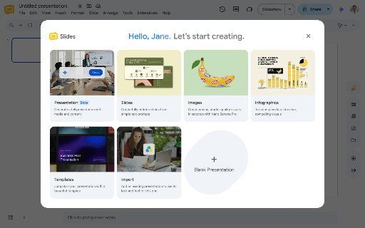 Google support screenshot for generating presentations with Gemini in Google Slides