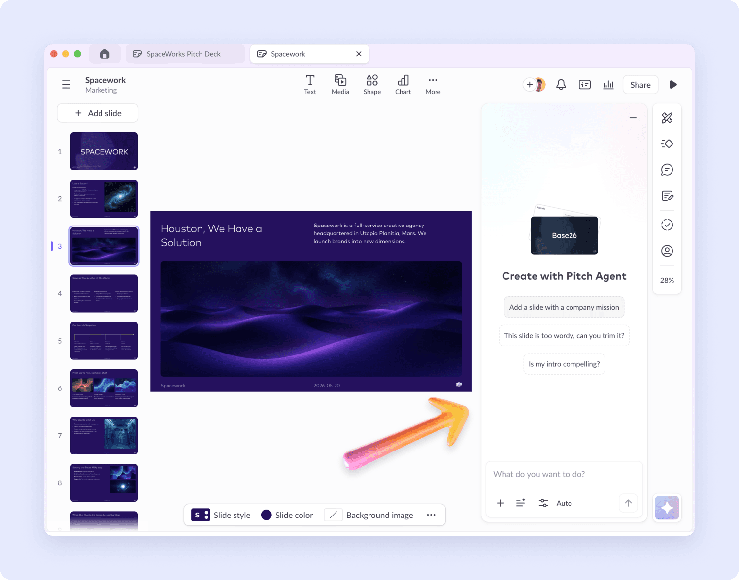 Pitch help center screenshot showing Pitch Agent chat inside the presentation editor