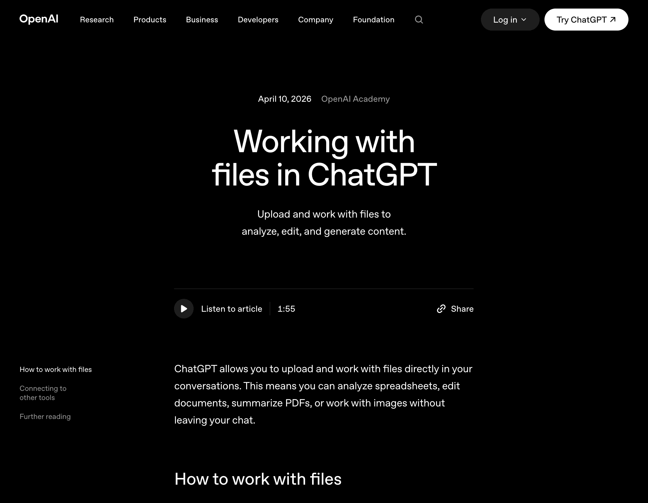 OpenAI Academy article titled Working with files in ChatGPT, listing PDF among supported upload formats and summarization as a core use case