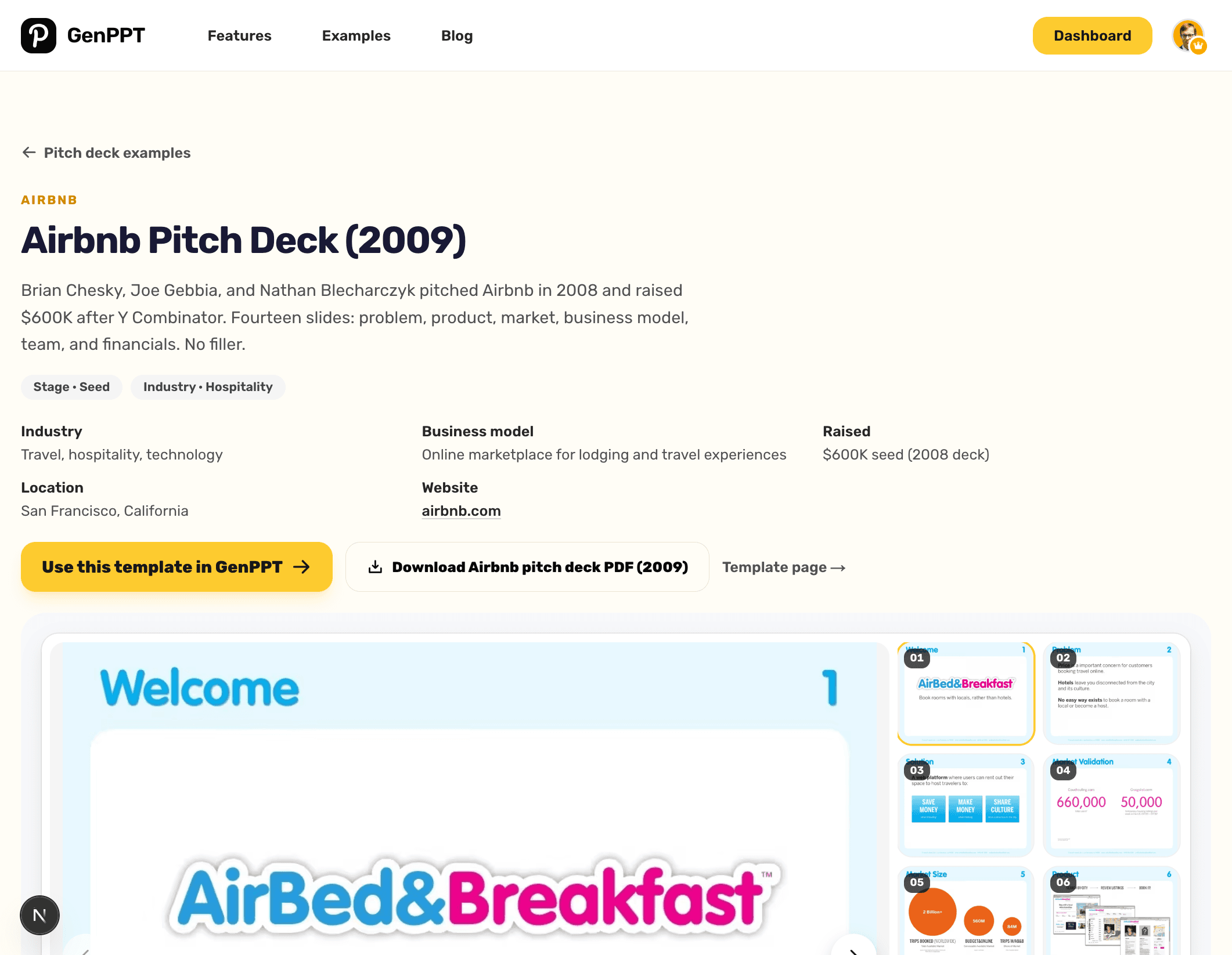 GenPPT pitch deck viewer showing Airbnb's 2009 deck with fourteen slide thumbnails and the cover slide selected