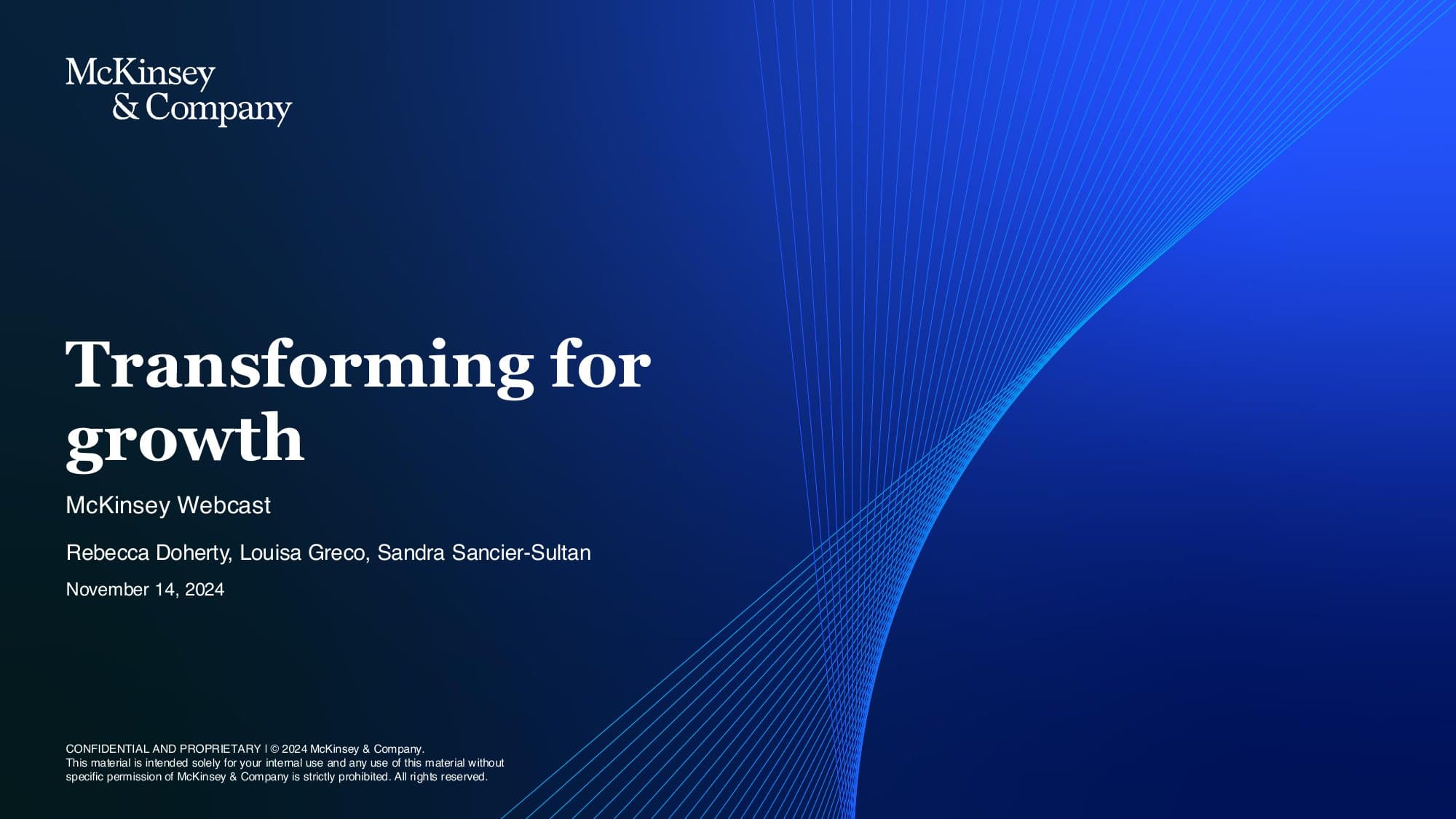 McKinsey Transforming for growth webcast cover slide with navy gradient background and presentation title