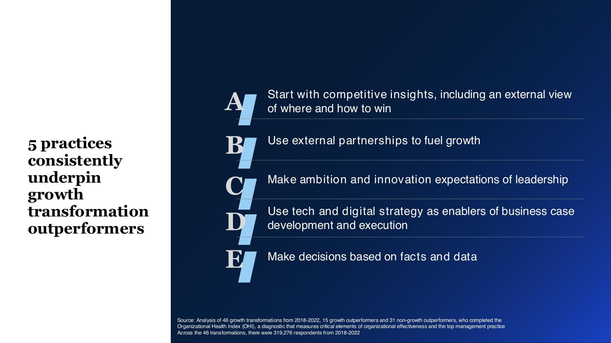 McKinsey slide listing five practices that underpin growth transformation outperformers with lettered sections A through E