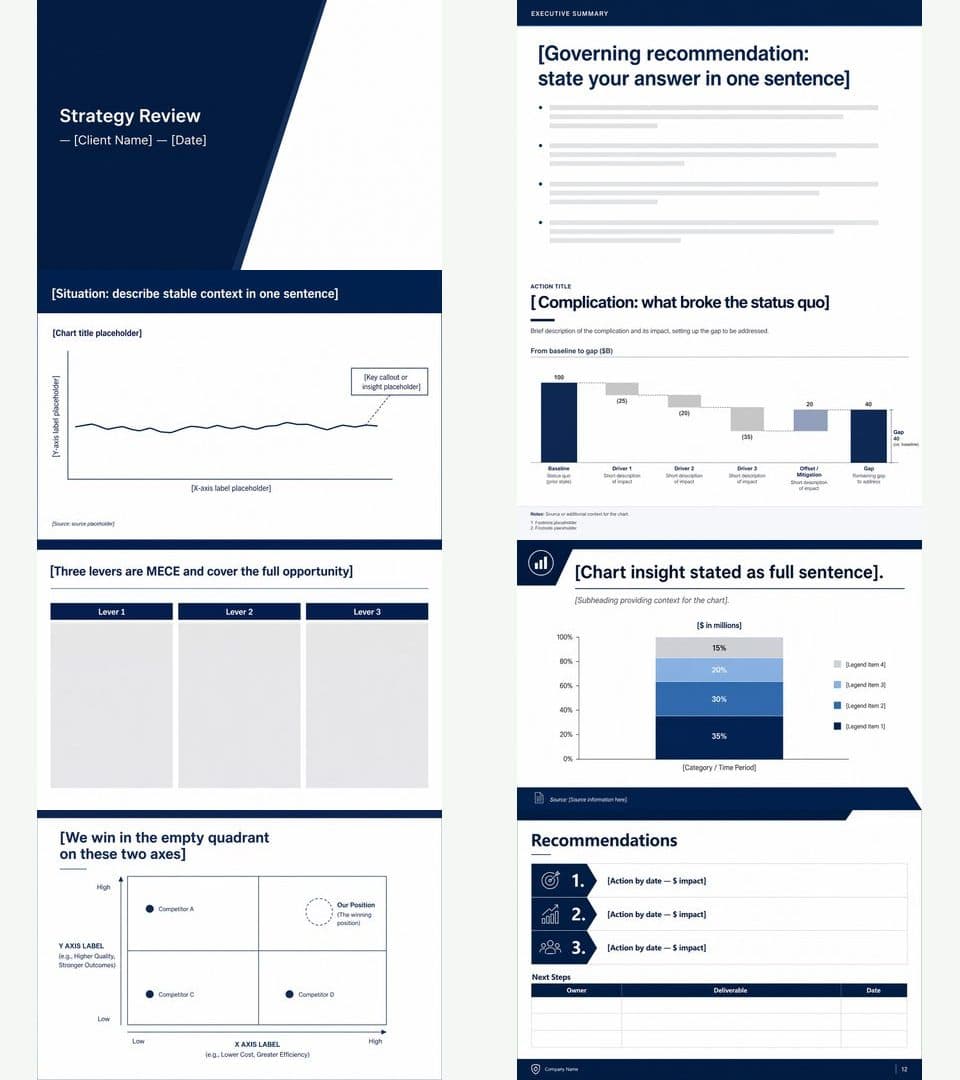 Contact sheet showing all eight consulting template slides in a grid