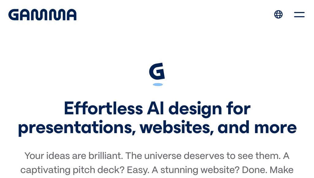 Gamma homepage with Effortless AI design for presentations, websites, and more headline and Start for free button