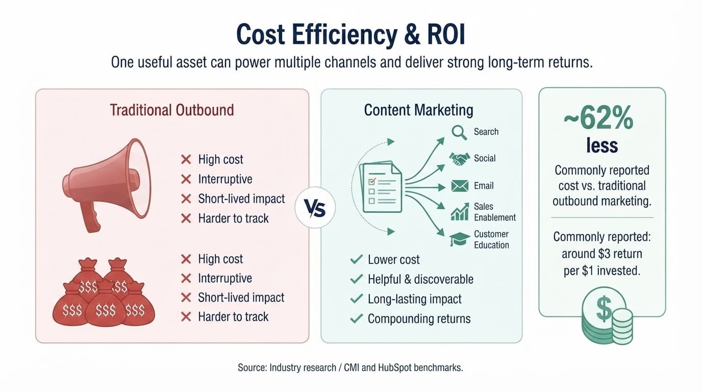GenPPT slide explaining compounding returns from content marketing over time