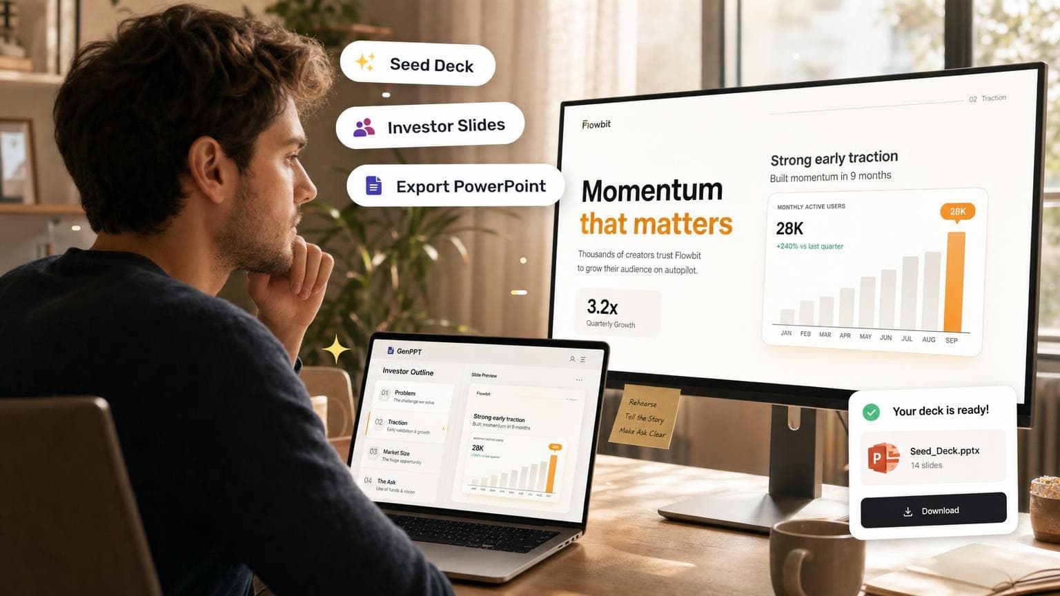 Startup founder previewing an investor pitch deck outline in GenPPT before exporting PowerPoint