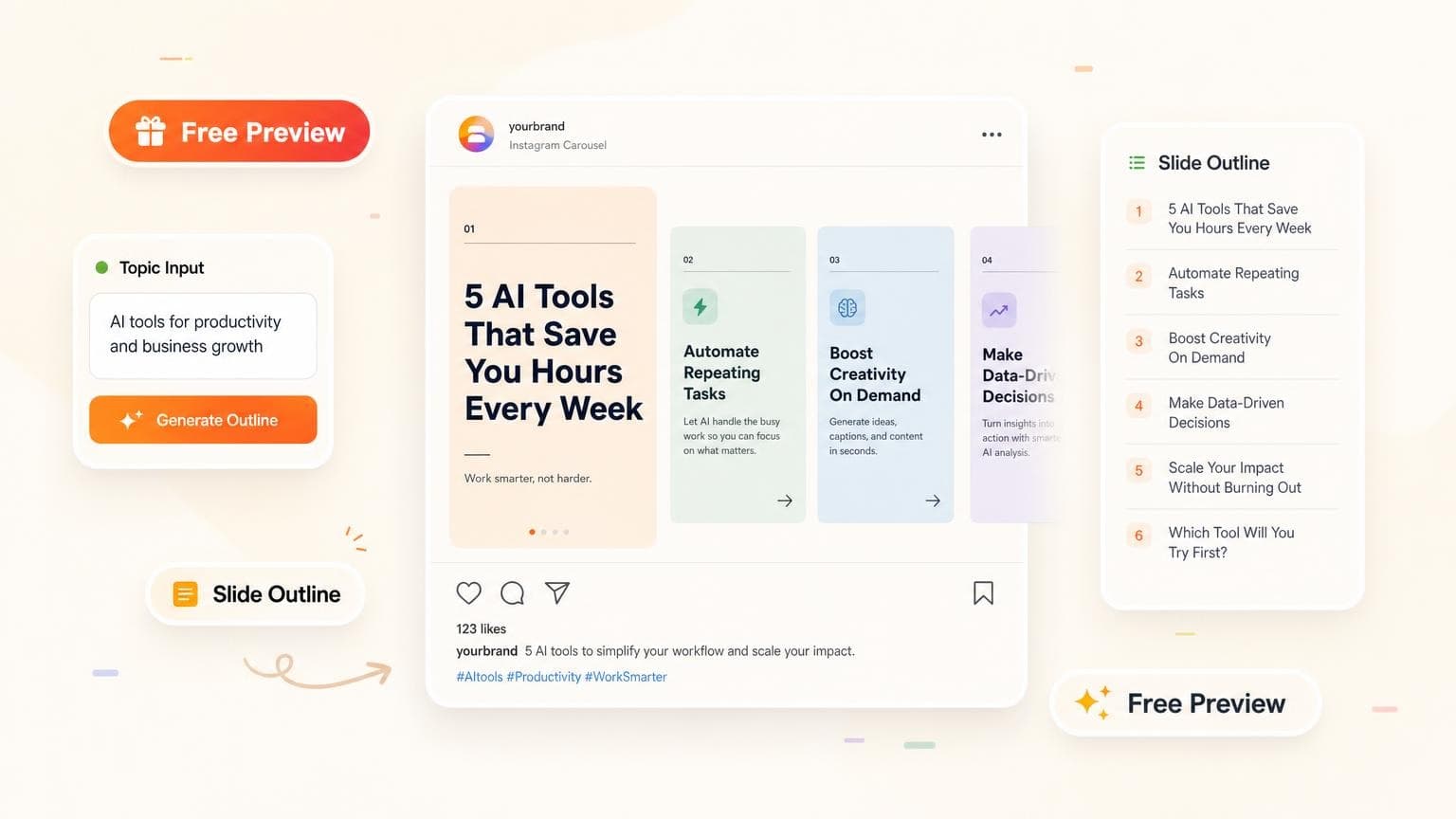 Free Instagram carousel outline preview with topic input and slide headlines