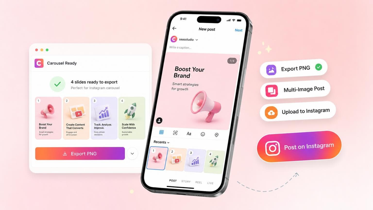 Export PNG carousel slides and upload as a multi-image Instagram post