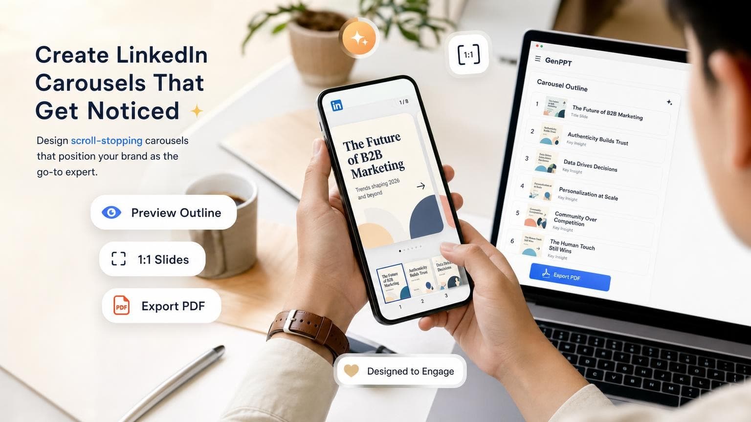 Marketer previewing a LinkedIn carousel outline in GenPPT before exporting PDF