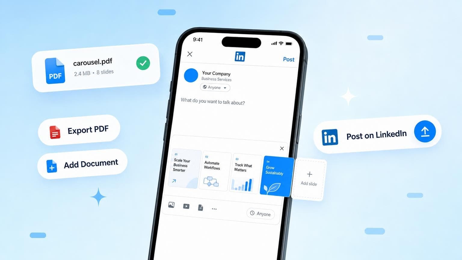 Export PDF and upload as a LinkedIn document post