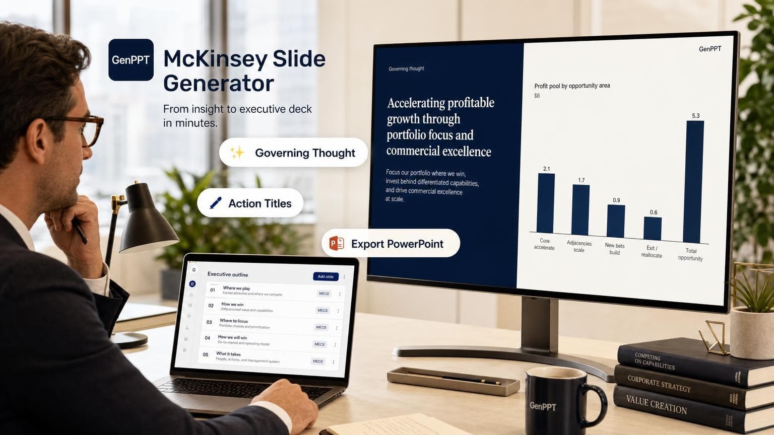 Strategy consultant previewing McKinsey-style action-title slides in GenPPT before exporting PowerPoint