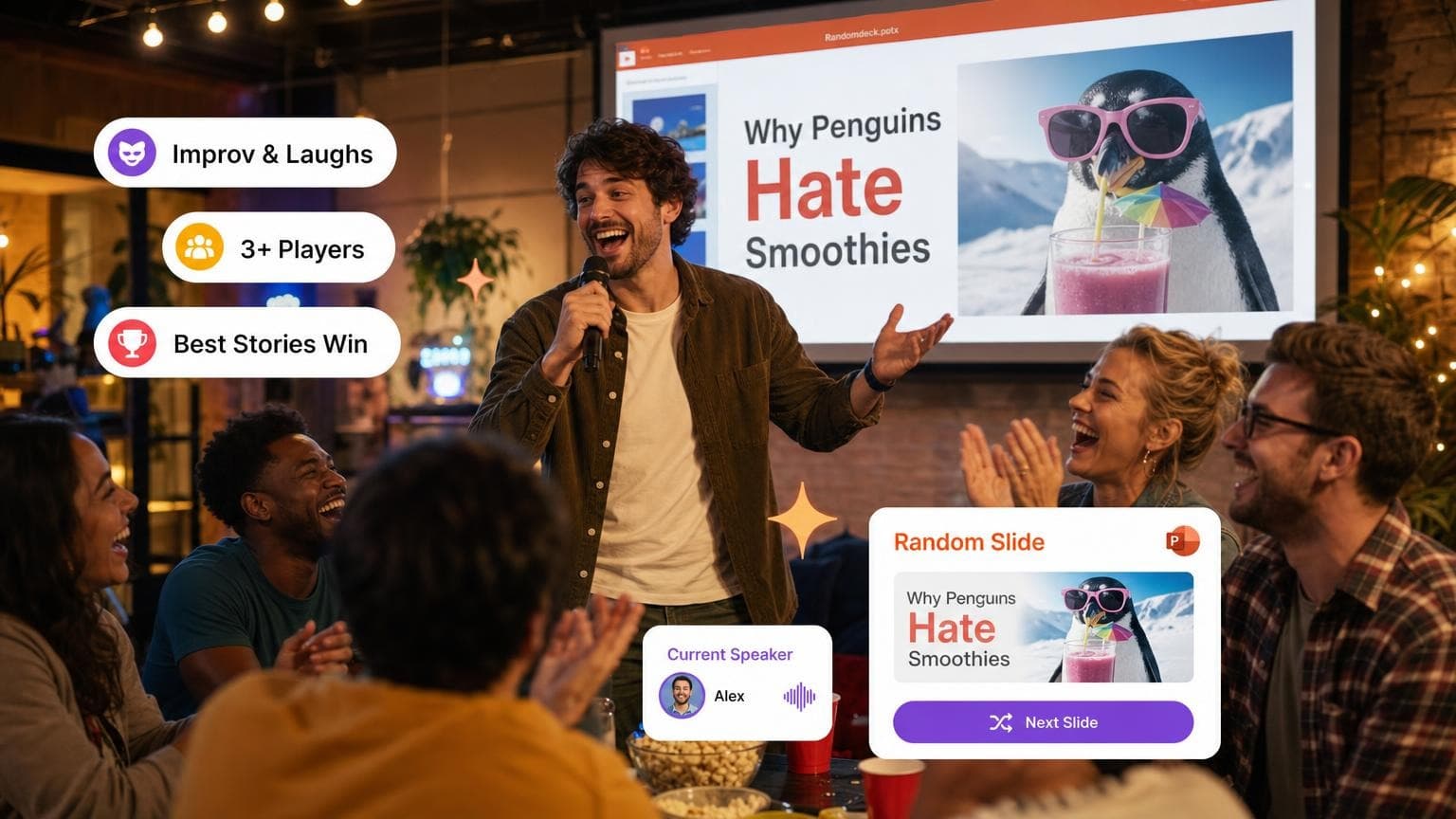 Party guests presenting a PowerPoint karaoke slide they have never seen