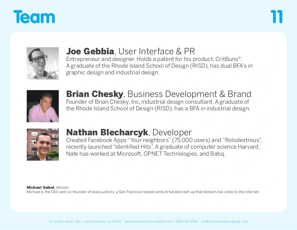 Airbnb pitch deck, Team