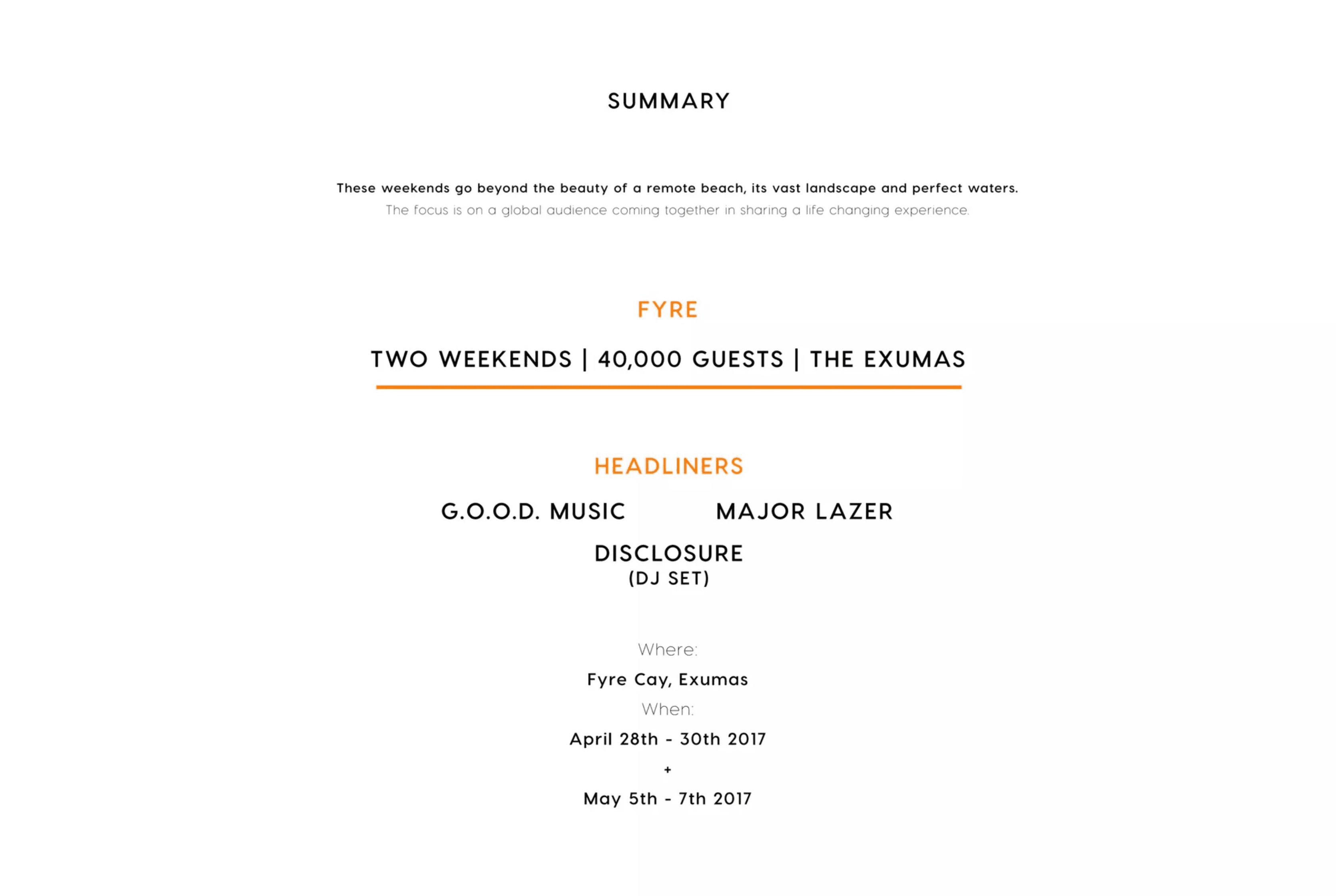 Fyre Festival pitch deck, Summary