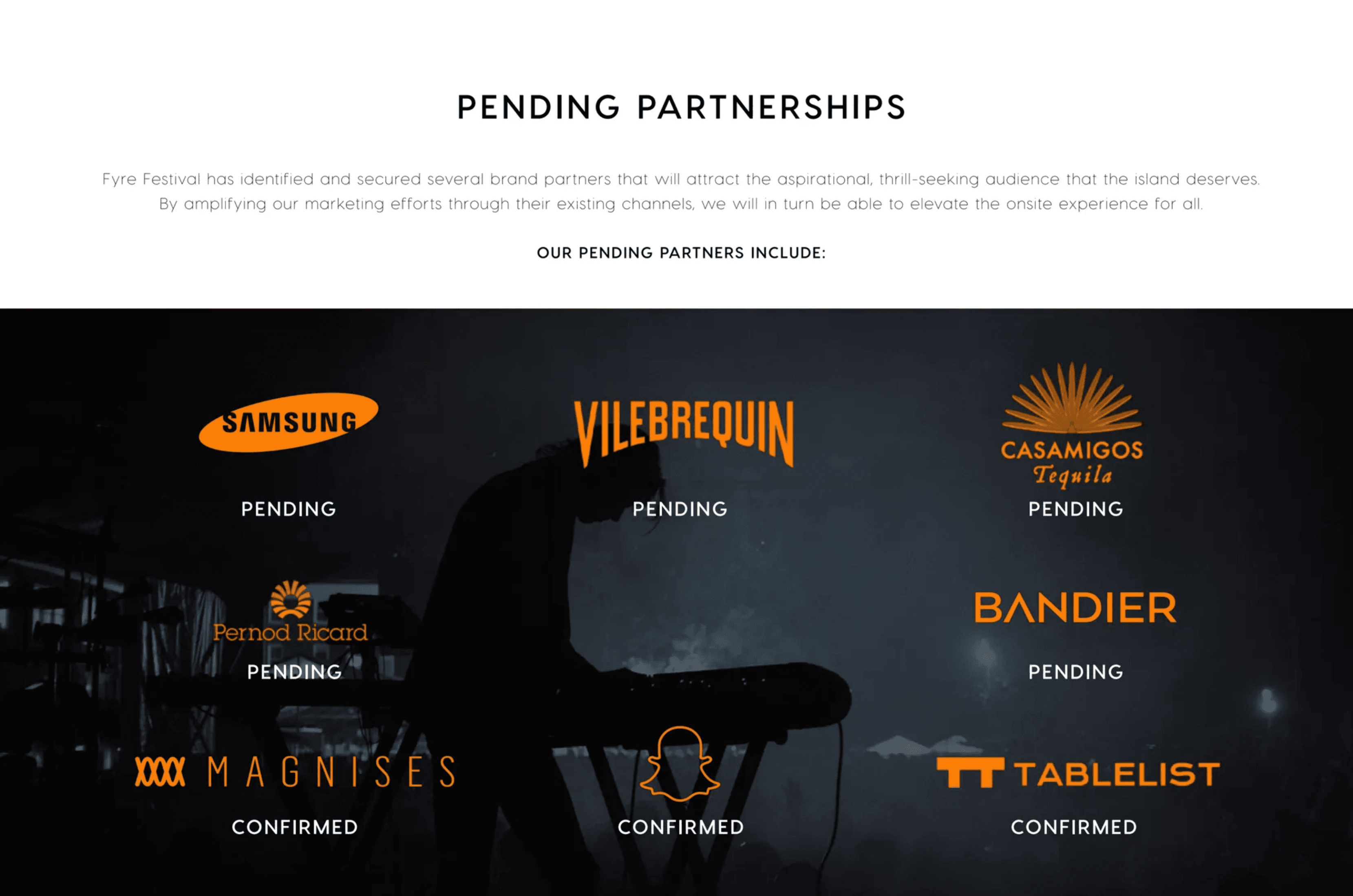 Fyre Festival pitch deck, Pending partnerships