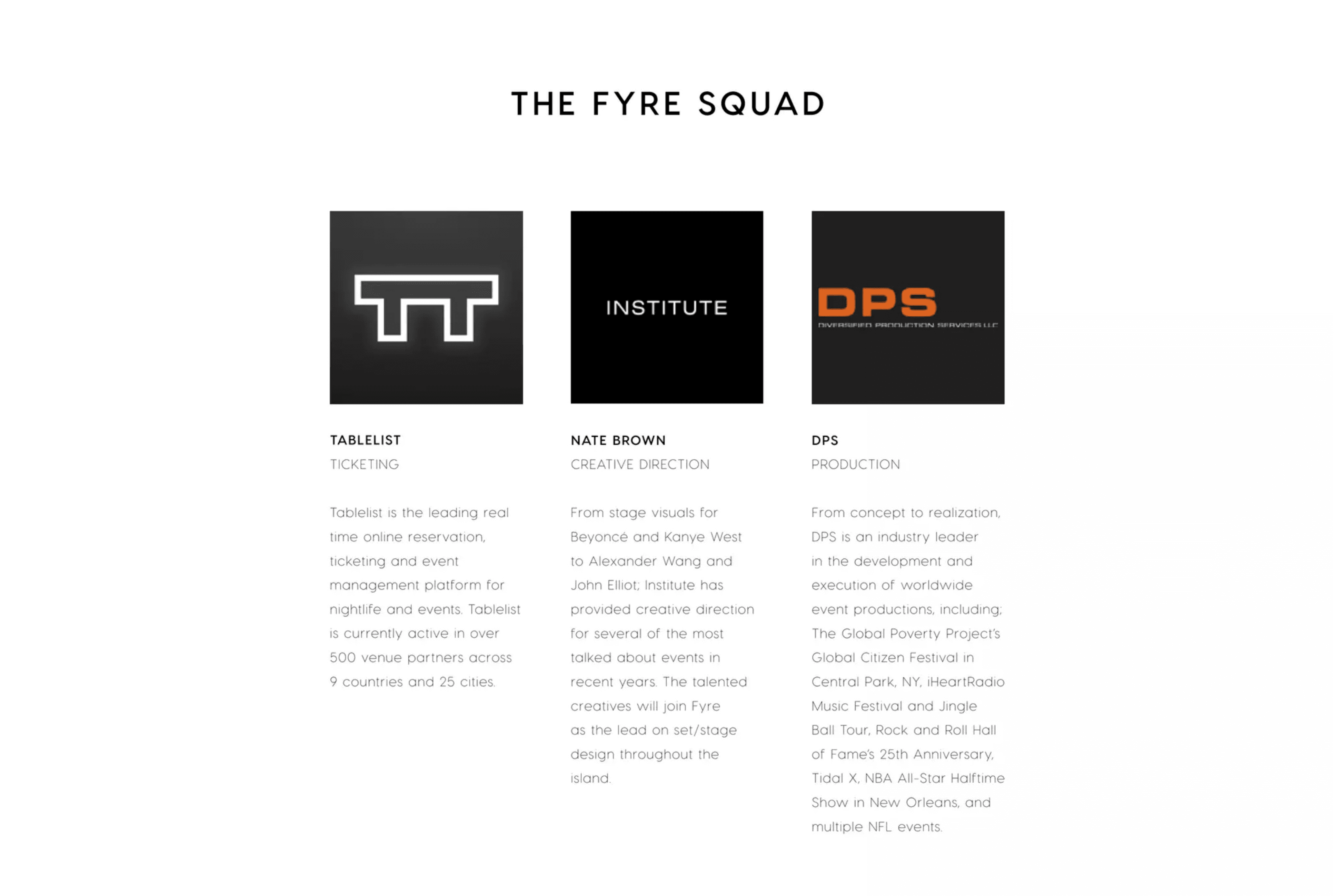 Fyre Festival pitch deck, Production vendors