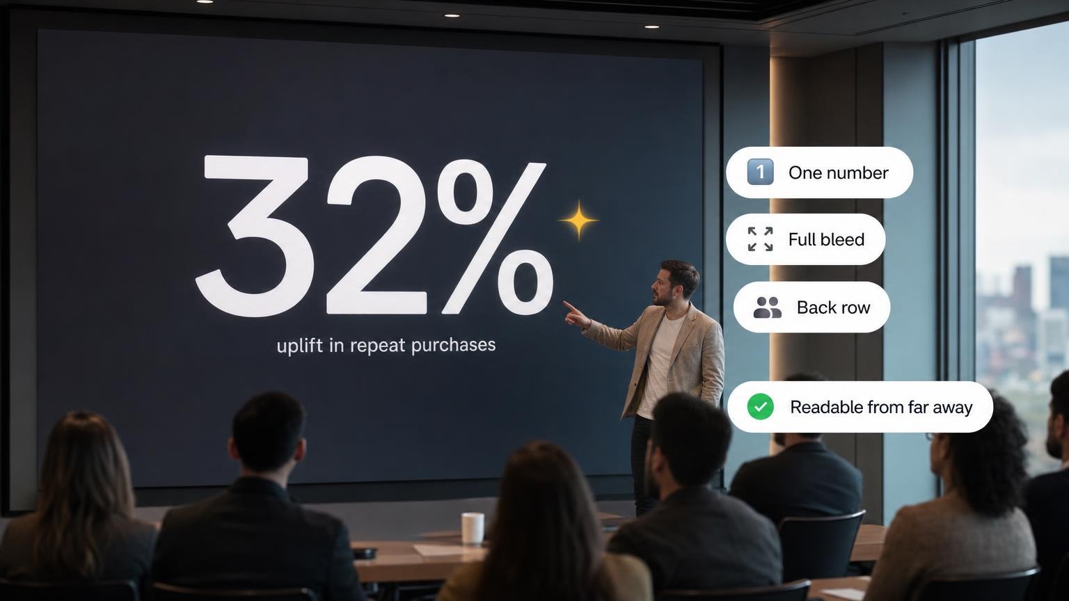 Full-bleed slide with a huge 32 percent figure on a projector