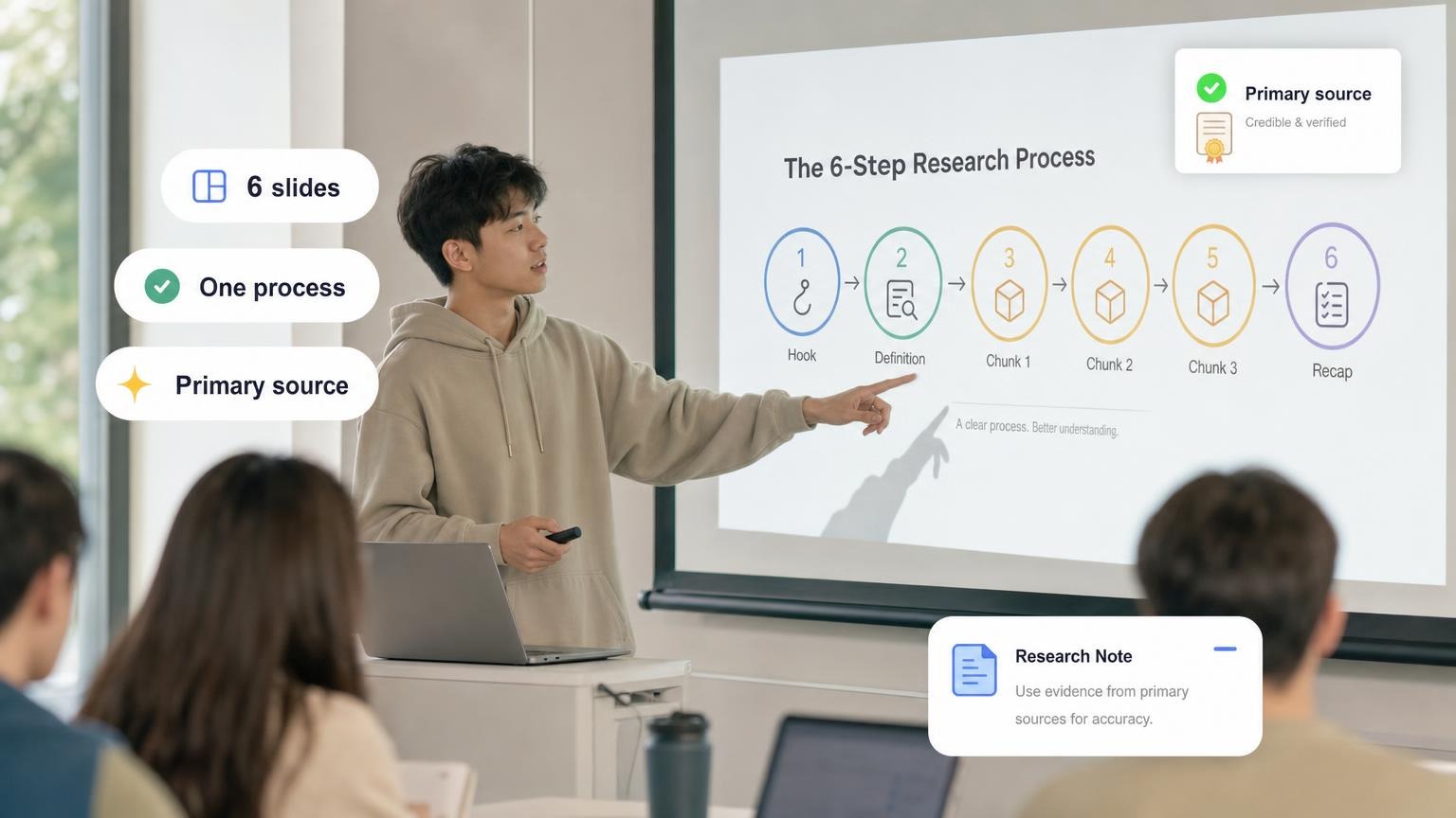 Six-step informative talk on a classroom projector