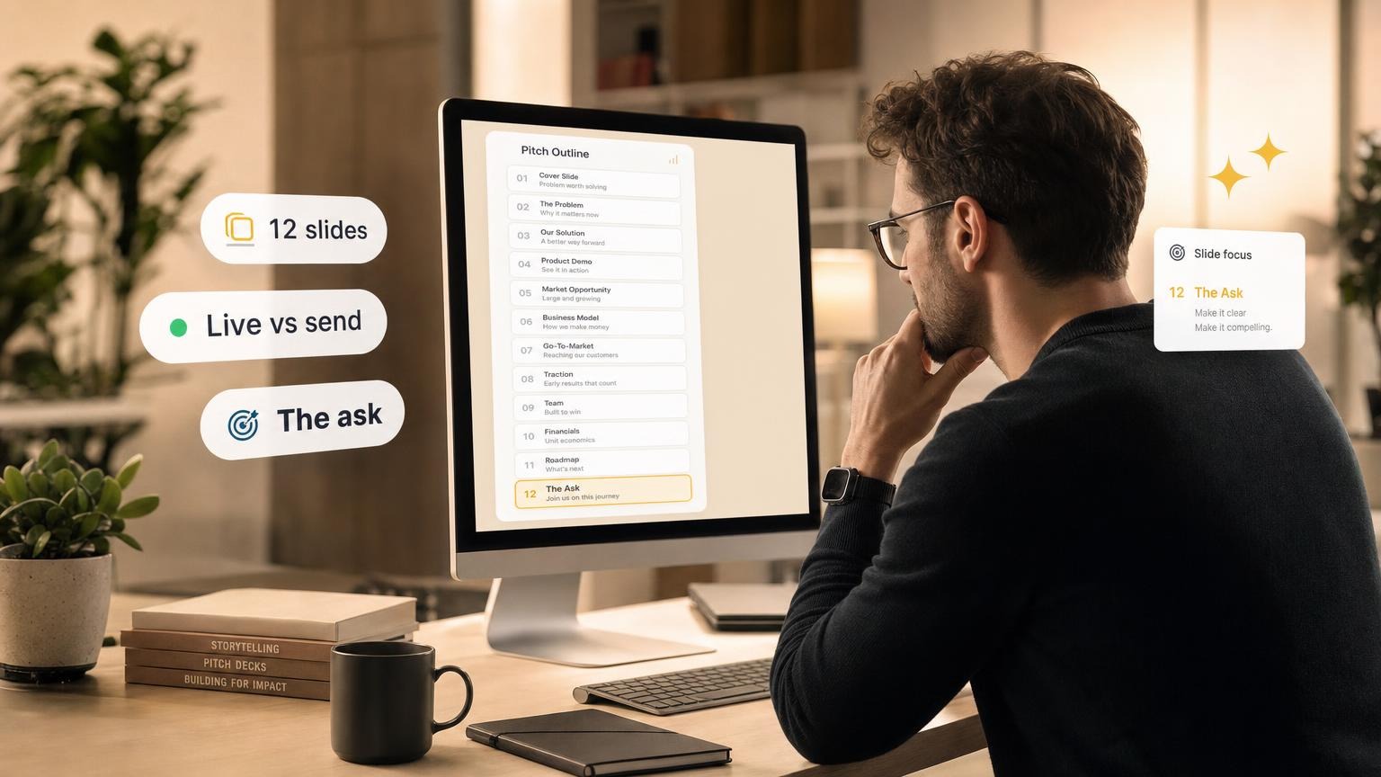 Twelve-slide pitch outline on a monitor with The Ask highlighted