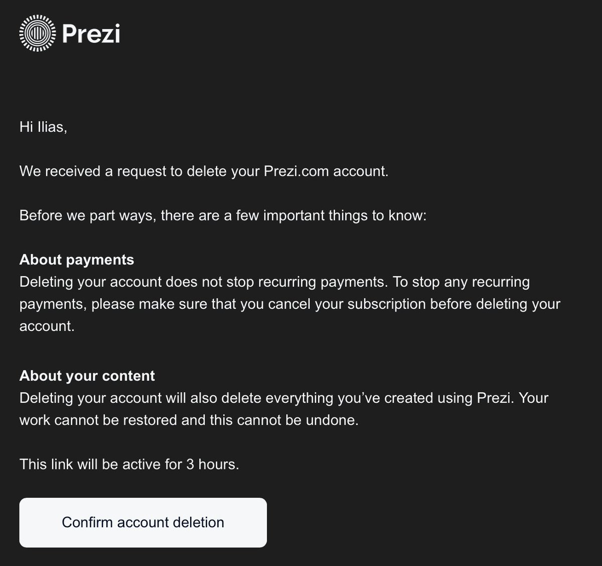 Prezi account deletion email showing warning that deleting account does not stop recurring payments