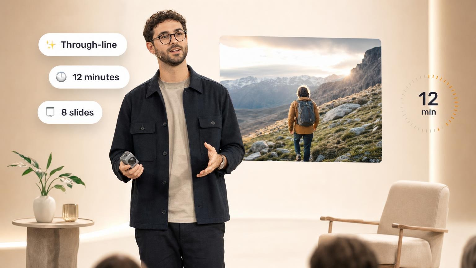 Speaker on a small stage with a 12-minute clock and one photo slide
