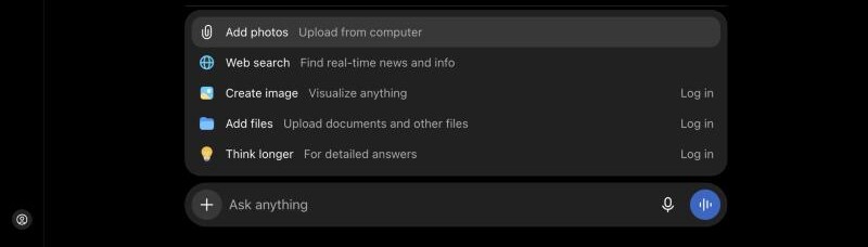 ChatGPT attachment menu without an account: Add photos is available, and Create image, Add files, and Think longer each show Log in