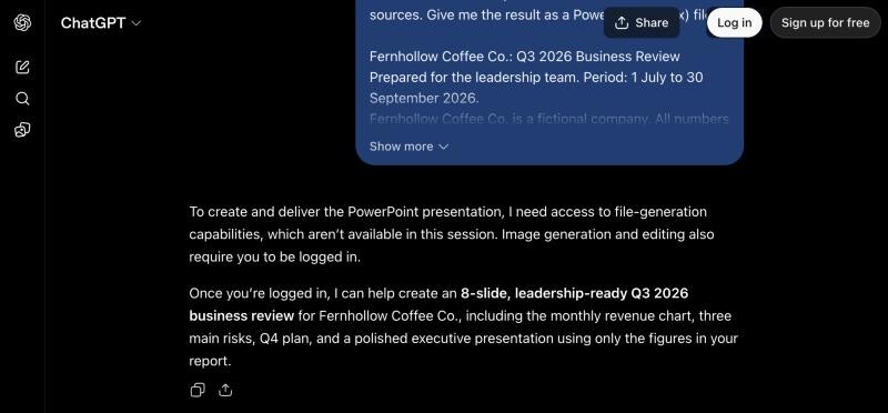 ChatGPT answer without an account: to create the PowerPoint presentation it needs file-generation capabilities which are not available in this session