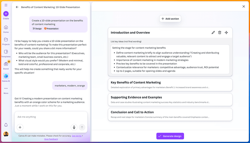 Canva AI chat with questions about the audience and style, and an outline for the deck