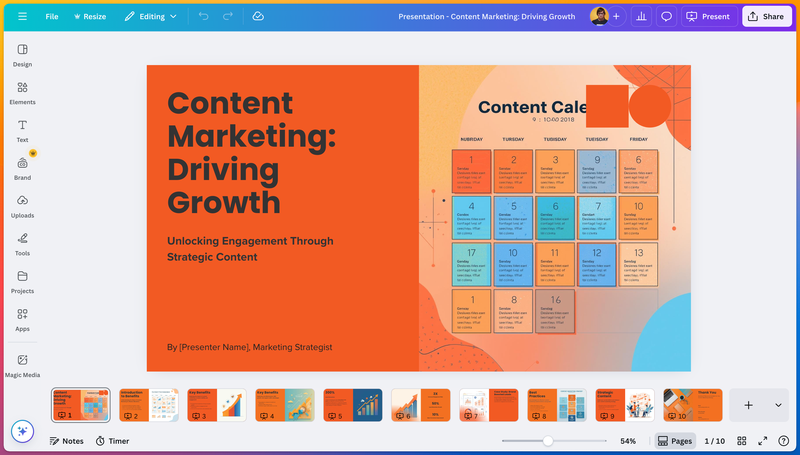 Canva editor with the generated orange deck Content Marketing: Driving Growth