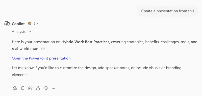 Copilot chat answer with a link to open the PowerPoint presentation