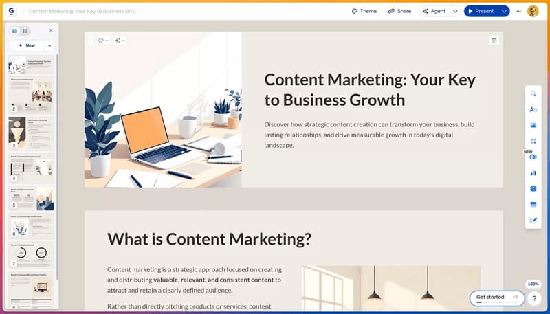 Gamma editor with the generated deck Content Marketing: Your Key to Business Growth