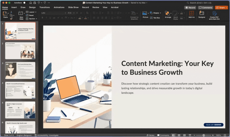 The Gamma deck opened in PowerPoint after export