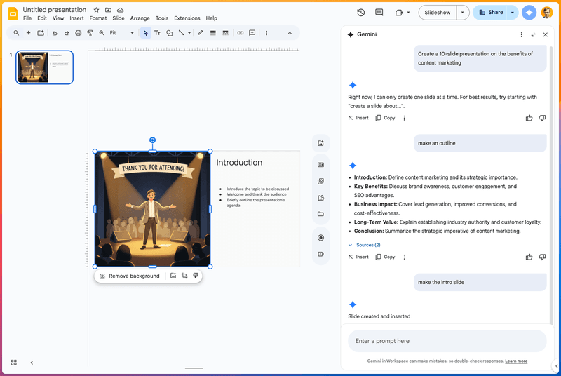 Gemini panel in Google Slides that says it can create one slide at a time, with one generated slide