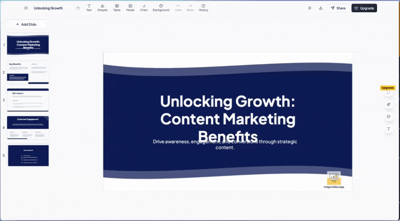 MagicSlides editor with the generated title slide Unlocking Growth: Content Marketing Benefits