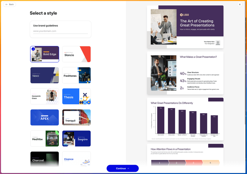 Presentations.AI style selection with theme previews