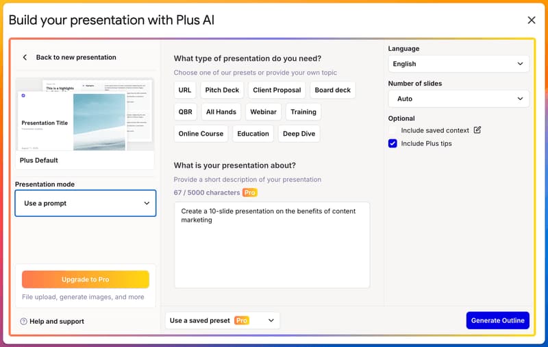 Plus AI dialog in Google Slides with presentation types and the test prompt