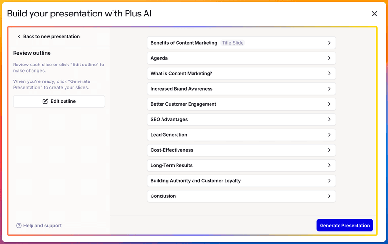 Plus AI outline review with eleven slide titles