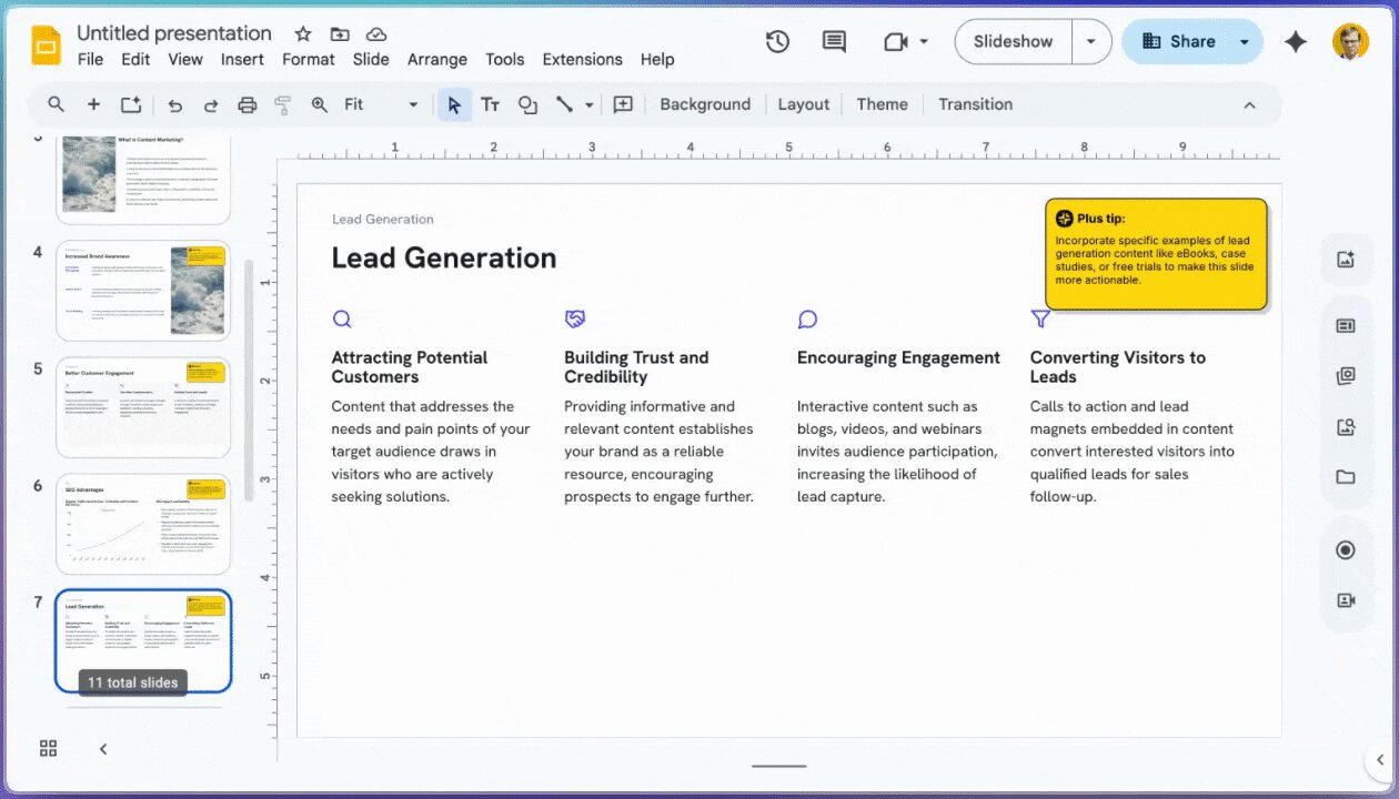 Google Slides with a Plus AI slide about lead generation in four columns