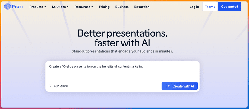 Prezi start page with the test prompt