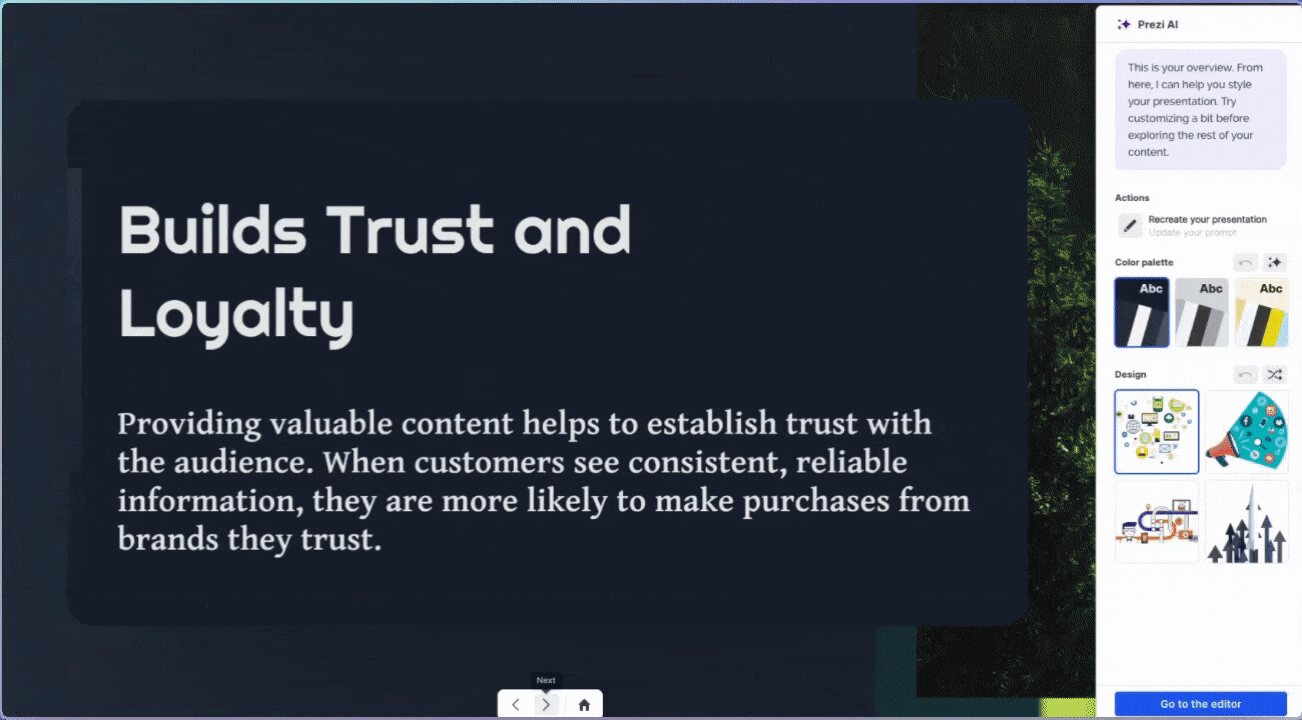 Prezi presentation frame with the title Builds Trust and Loyalty and the Prezi AI panel