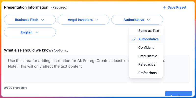 SlidesAI settings with Business Pitch, Angel Investors, and a writing style menu