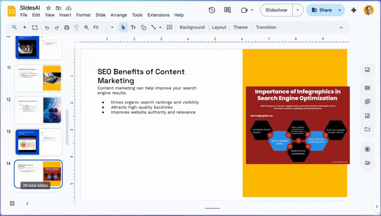 Google Slides with a SlidesAI slide about the SEO benefits of content marketing