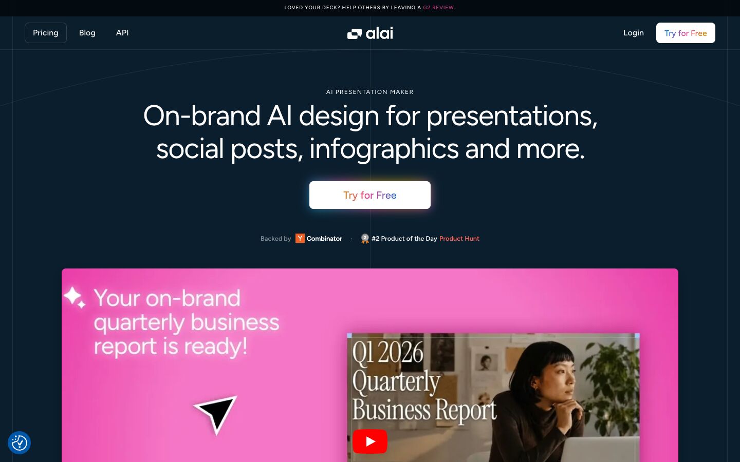 Alai home page with the headline On-brand AI design for presentations and an example quarterly business report