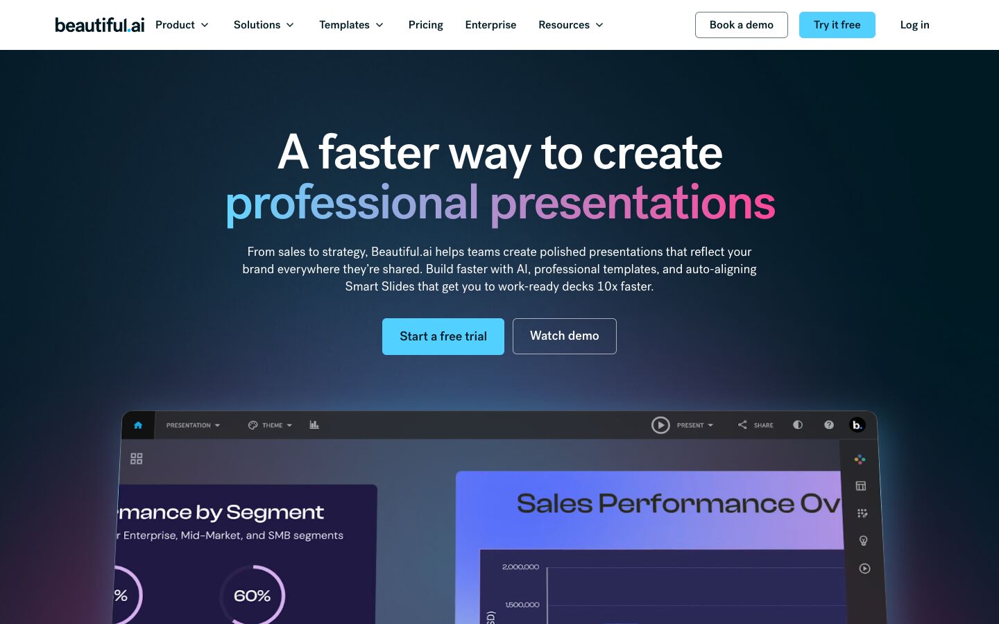Beautiful.ai home page with the headline A faster way to create professional presentations and the editor with a sales performance slide