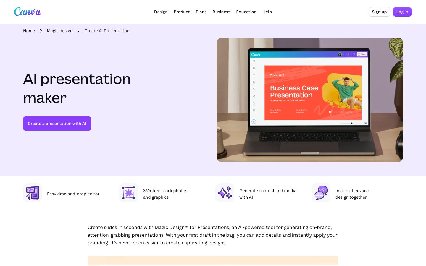 Canva AI presentation maker page with a laptop that shows a Business Case Presentation in the editor