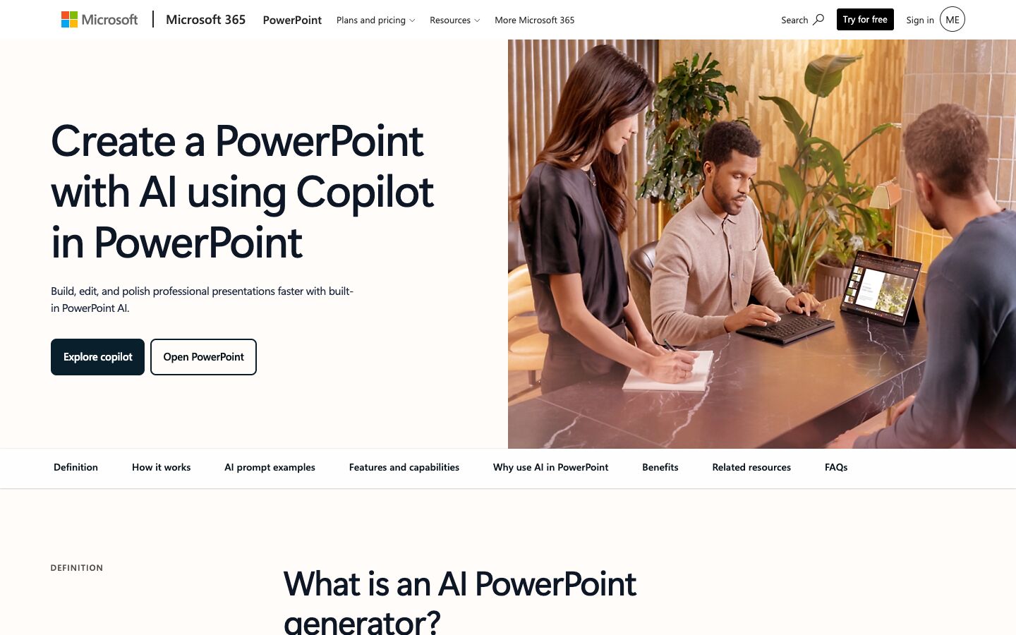 Microsoft page with the headline Create a PowerPoint with AI using Copilot in PowerPoint