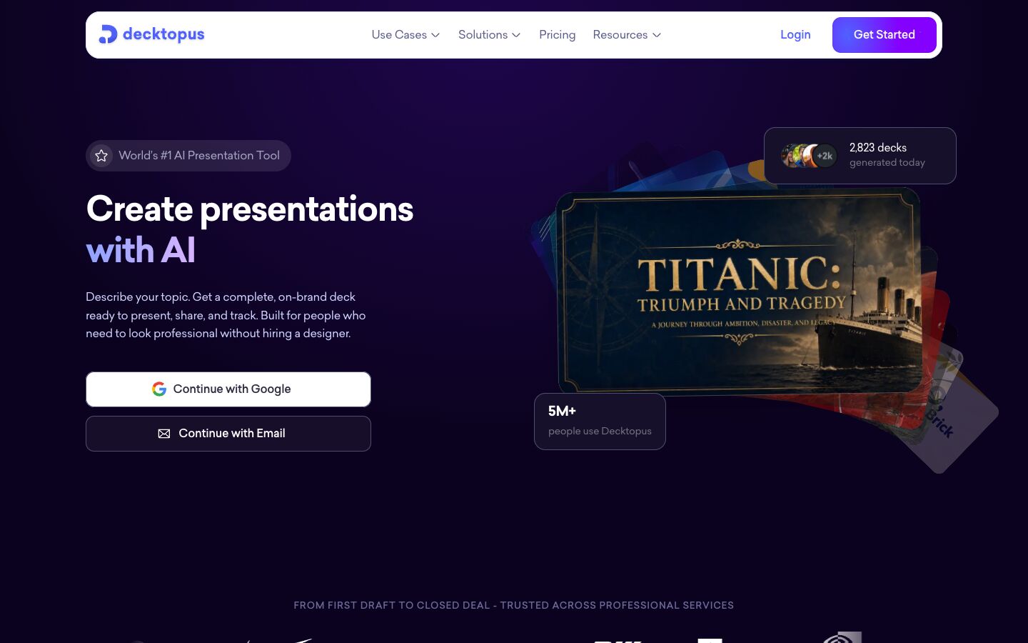 Decktopus home page with the headline Create presentations with AI and an example deck about the Titanic