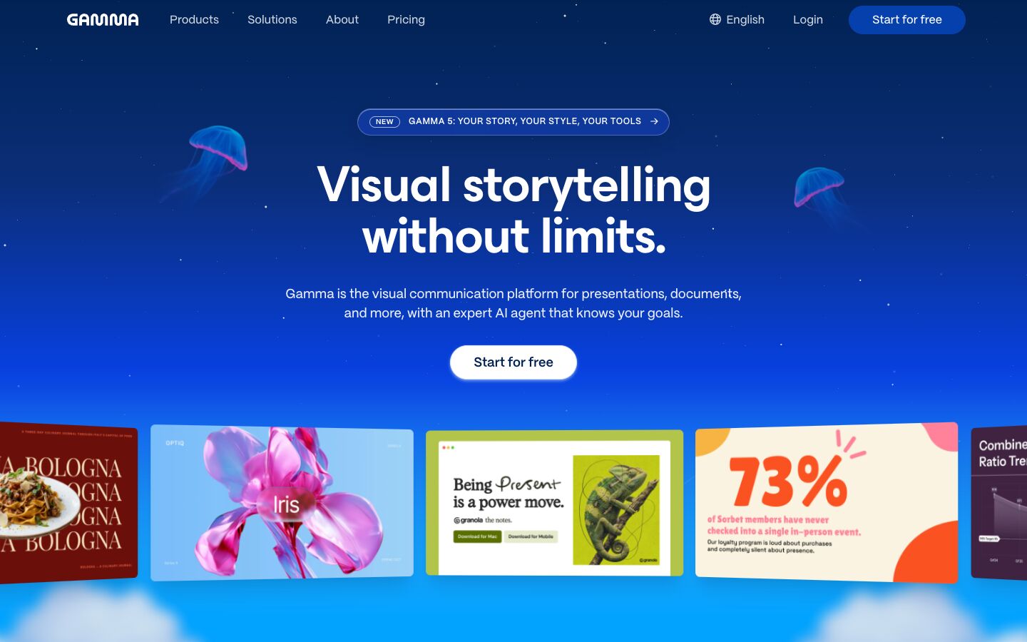 Gamma home page with the headline Visual storytelling without limits and a row of example cards